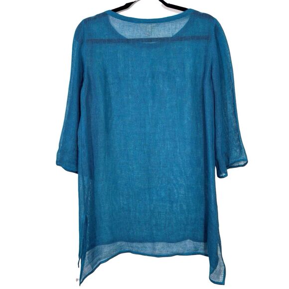 Eileen Fisher Organic Linen Slub Mesh Tunic Boat Neck Top Womens Small Blue - Picture 2 of 5